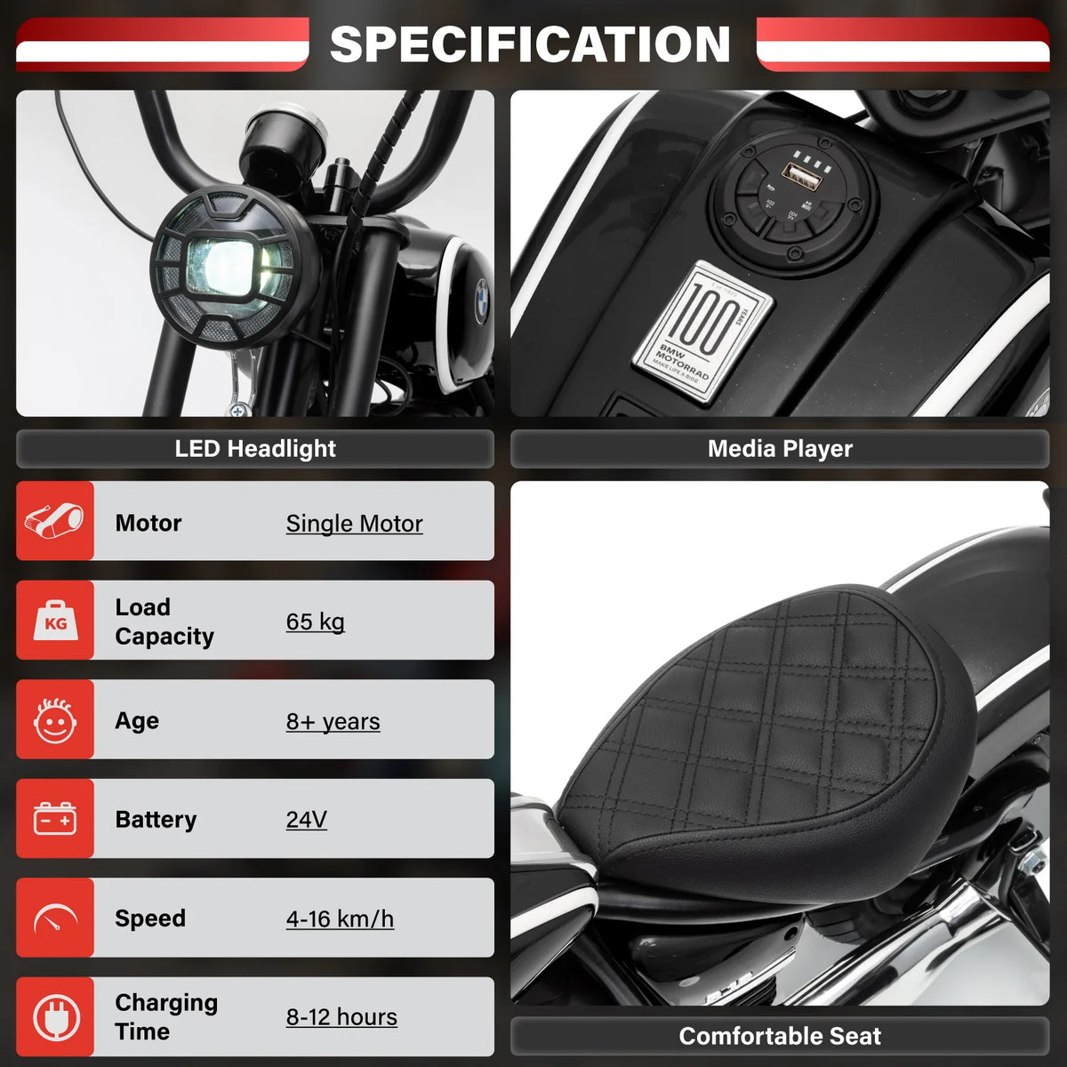 Official Licensed BMW R 18 24V Kids Ride-On Motorcycle with Auxiliary Wheels